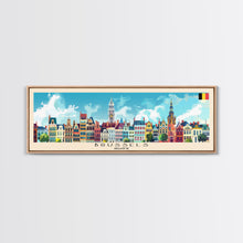 Carregar imagem no visualizador da galeria, Brussels Belgium Panoramic Travel Poster, Framed Canvas Print or Metal Wall Art, Travel Art, Home Decor, Panoramic Painting, Midcentury Art