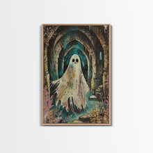Carregar imagem no visualizador da galeria, Ghostly Figure in Ancient Ruins Framed Canvas Print, Haunted Ruins Decor, Halloween Ghost Art, Eerie Ghostly Wall Art, Spooky Ghost Print