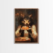 Load image into Gallery viewer, Halloween Werewolf Eating Hotdog, Framed Canvas Print, Wall Art, Spooky Artwork, Fantasy Decor, Halloween Decor, Whimsical Funny Halloween