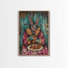 Carregar imagem no visualizador da galeria, A demon eating some hot wings - hope he didn't sell his soul for them they look pretty good! Halloween Wall Art Framed Canvas
