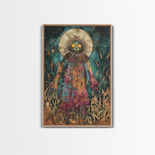 Load image into Gallery viewer, Creepy Moonlit Scarecrow Framed Canvas Print | Halloween Art | Spooky Harvest Artwork | Sinister Scarecrow Art for Home Decor