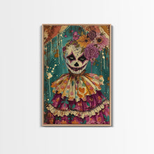 Load image into Gallery viewer, Day of the Dead Doll with Floral Crown Framed Canvas Print, Halloween Art, Creepy Wall Art, Spooky Home Decor, Scary Art, Unique Wall Decor