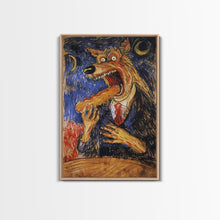 Carregar imagem no visualizador da galeria, Business Werewolf Eating a Hot Dog, Framed Canvas print, Funny Halloween Art, Spooky Season, The Scream Inspired Funny Art