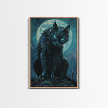 Load image into Gallery viewer, Black Cat with Piercing Eyes Against Full Moon | Halloween Wall Art | Spooky Home Decor | Creepy Black Cat Painting | Framed Canvas Print