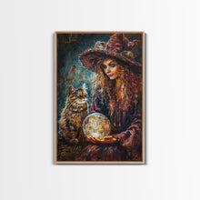 Load image into Gallery viewer, Enchanting Witch with Crystal Ball, Framed Canvas Print, Mystical Halloween Art, Spooky Witch Decor, Witchcraft Illustration, Magical Decor