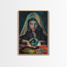 Load image into Gallery viewer, Enchanting Fortune Teller with Crystal Ball Under Moonlight - Mystical Witchcraft Framed Canvas Print, Halloween Gothic Home Decor