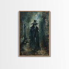Carregar imagem no visualizador da galeria, Ghostly Figure in Victorian Attire - Eerie Night Stalker Gothic Art Framed Canvas Print, Halloween Haunted House Decor