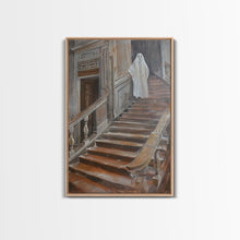 Load image into Gallery viewer, Ghost On Stairs Canvas Print - Halloween Art, Spooky Home Decor, Ghost Wall Art, Haunted House Decor, Halloween Decor, Framed Canvas Print