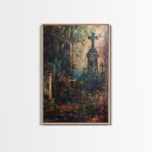 Load image into Gallery viewer, Gloomy Cemetery Halloween Art, Spooky Graveyard, Haunted Cemetery, Creepy Gravestones, Dark Artwork, Framed Canvas Print