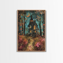 Load image into Gallery viewer, Enchanted Forest Pathway Framed Canvas Print, Haunted Woods Art, Halloween Night, Spooky Path Decor, Mysterious Artwork, Framed Canvas Print