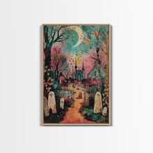 Load image into Gallery viewer, Creepy Moonlit Trees Framed Canvas Print, Haunted Forest Art, Halloween Night Scene, Eerie Woods Decor, Spooky Artwork, Framed Canvas Print