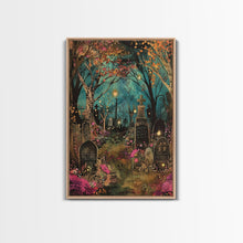 Load image into Gallery viewer, Gate to Haunted Cemetery Framed Canvas Print, Wall Art, Spooky Graveyard Art, Eerie Home Decor, Halloween Forest Painting, Spooky Graveyard