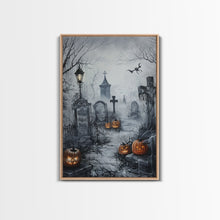 Load image into Gallery viewer, Eerie Graveyard with Pumpkins Framed Canvas Print, Halloween Wall Art, Spooky Cemetery, Home Decor, Gothic Artwork, Living Room Art, Creepy
