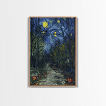 Load image into Gallery viewer, Dark Forest Path with Pumpkins Framed Canvas Print, Halloween Wall Art, Starry Night Inspired, Home Decor, Spooky Art, Living Room Decor