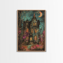 Load image into Gallery viewer, Enchanted Gothic House Framed Canvas Print, Halloween Wall Art, Spooky Art, Home Decor, Living Room Decor, Gothic Artwork, Haunted House
