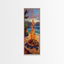 Carregar imagem no visualizador da galeria, Abstract Canvas Painting of Campfire on Beach, Beachy Wall Art, Tall and Narrow Vertical Wall Art, Canvas Painting Printed and Framed