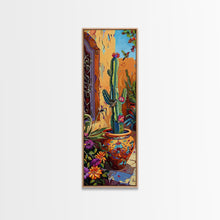 Load image into Gallery viewer, Colorful Canvas Painting of Cactus Framed, Botanical Wall Art Print, Spanish Inspired Canvas Painting, Long and Narrow Living Room Wall Art