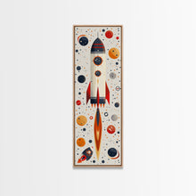 Load image into Gallery viewer, Art Deco Rocket Ship Atomic Age Wall Art, Retro MCM Inspired Framed Canvas Print, Mid-century Modern Nursery Decor