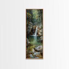 Carregar imagem no visualizador da galeria, Framed Canvas Print Skinny Art of a Serene Waterfall Cascading into a Tranquil Pool in a Lush Forest Landscape, Perfect Tall Art for Nature Lovers