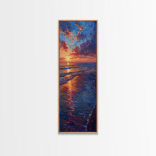 Carregar imagem no visualizador da galeria, Framed Canvas Print of a Colorful Skinny Art Sunset Over the Ocean with a Vibrant Sky Reflecting on the Water in this Tall Coastal Landscape Art