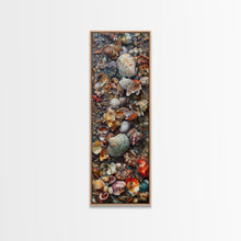 Carregar imagem no visualizador da galeria, Framed Canvas Print Skinny Art of a Variety of Colorful Seashells Arranged in a Textured Pattern, Perfect Tall Art for Beach Themed Rooms