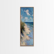 Carregar imagem no visualizador da galeria, Framed Canvas Print Skinny Art of a Peaceful Beach Scene with Sea Oats Blowing in the Wind and Gentle Waves in the Background, Perfect Tall Art for Homes