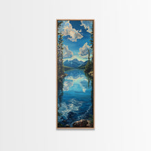Carregar imagem no visualizador da galeria, Framed Canvas Print Skinny Art of a Clear Lake Surrounded by Pine Trees with Majestic Mountains in the Distance Under a Blue Sky, Ideal Tall Landscape Art