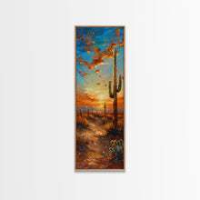Load image into Gallery viewer, Arizona Desert Landscape with Saguaro Cactus at Sunset on a Framed Canvas Print Skinny Art Piece