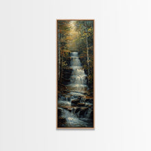 Load image into Gallery viewer, Beautiful Stream Cascading Waterfalls In The Forest at Golden Hour, Framed Canvas Print, Boho Style Landscape Painting Print