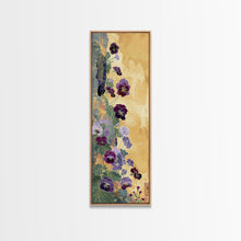 Load image into Gallery viewer, Deep Purple Pansy Flowers Against Textured Gold Background on Tall Vertical Canvas Print for Rich Floral Wall Decor