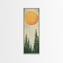 Carregar imagem no visualizador da galeria, Abstract Sun Over Forest Silhouette Earth Tones Skinny Art Tall Art Framed Canvas Print Japanese Style Art Ukiyo-e Art Wood Block Print Minimalist