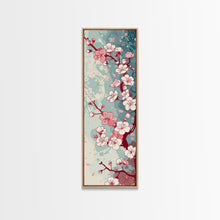 Load image into Gallery viewer, Delicate Pink Flowers On Branch Gentle Tones Skinny Art Tall Art Framed Canvas Print Japanese Style Art Ukiyo-e Art Wood Block Print Floral