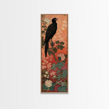 Load image into Gallery viewer, Black Bird On Flowering Branch With Orange Background Tall Art Skinny Art Framed Canvas Print Japanese Style Art Ukiyo-e Wood Block Print