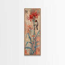 Load image into Gallery viewer, Bird Perched On Bright Red Lily Flower Skinny Art Tall Art Framed Canvas Print Japanese Style Art Ukiyo-e Art Wood Block Print Floral Detailed