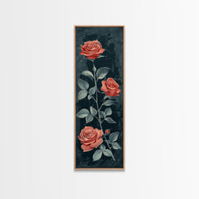Load image into Gallery viewer, Deep Red Roses With Dark Green Foliage Skinny Art Tall Art Framed Canvas Print Japanese Style Art Ukiyo-e Art Wood Block Print Elegant Floral
