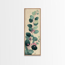 Load image into Gallery viewer, Delicate Green Leaves And Pink Buds On A Branch Against A Textured Background, Skinny Art Tall Wall Art Framed Canvas Print Japanese Style Art