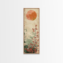 Carregar imagem no visualizador da galeria, Abstract Sun Over Branch With Red Leaves Framed Canvas Print Ukiyo-e Wall Art Tall Art Wood Block Print Skinny Art Japanese Style
