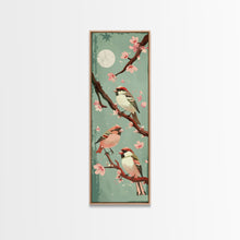 Load image into Gallery viewer, Delicate Sparrows Perched On Cherry Blossoms Under Full Moon Serene Nighttime Setting Captured Tall Framed Canvas Print Nature Scene