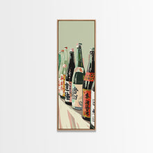 Load image into Gallery viewer, Array Of Japanese Sake Bottles With Minimalistic Labels Arranged Simple Composition Captured Tall Framed Canvas Print Bar Decor