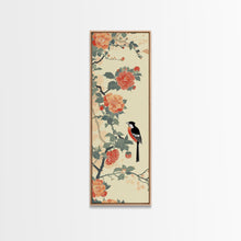 Load image into Gallery viewer, Bird Among Camellia Flowers On Light Background Skinny Art Ukiyo-e Wood Block Print Framed Canvas Print