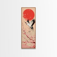 Load image into Gallery viewer, Elegant Crane Bird In Mid-flight Against Bold Red Sun Ukiyo-e Tall Skinny Wood Block Framed Canvas Print Japanese Style Art