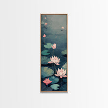 Carregar imagem no visualizador da galeria, Calm Water Lilies Floating On Still Pond With Subtle Ripples Ukiyo-e Skinny Tall Wood Block Framed Canvas Print Japanese Style Art