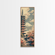 Cargar imagen en el visor de la galería, Japanese Pagoda With Mt Fuji And Cherry Blossoms – Framed Canvas Print Featuring Skinny Art Tall Art, Highlighting Ukiyo-E Art And Japanese Style Art