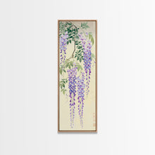 Cargar imagen en el visor de la galería, Cascading Wisteria Blossoms in Shades of Purple and Green - Skinny Art, Japanese Wall Decor, Framed Canvas Print, Ukiyo-e Style