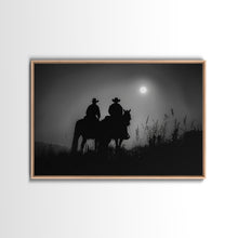 Load image into Gallery viewer, Cowboys Under A Full Moon, Framed Canvas Print, Black and White Western Photography, Wild West Art, Western Decor, Farmhouse Country Art