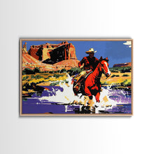 Load image into Gallery viewer, Crossing The Colorado River, Framed Canvas Print, Kitsch Western Wall Art, Colorful Western Painting Original Artwork, Pop Art Painting