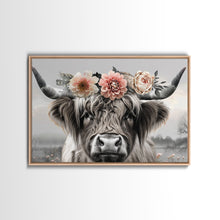 Load image into Gallery viewer, Cute Framed Canvas Wall Art, Cute Cow Wearing Flowers, Farmhouse Decor, Farmhouse Wall At, Extra Large Boho Decor, Minimalist Modern Art