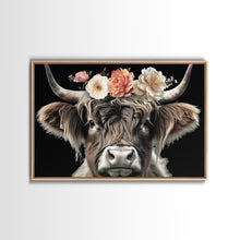 Carregar imagem no visualizador da galeria, Framed Highland Cow With Flowers Painting canvas print Farmhouse art Cattle Wooden background Country wall art Cow print Rustic Wall Art