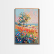 Load image into Gallery viewer, Blossoming Meadow with Trees - Framed Canvas Print, Peaceful Living Room Art, Serene Bedroom Decor, Vibrant Flower Art, Wall Art