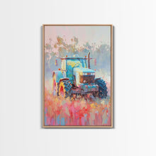 Cargar imagen en el visor de la galería, Farm Tractor in Vibrant Meadow - Framed Canvas Print, Countryside Living Room Art, Pastel Bedroom Decor, Rural Art, Wall Art
